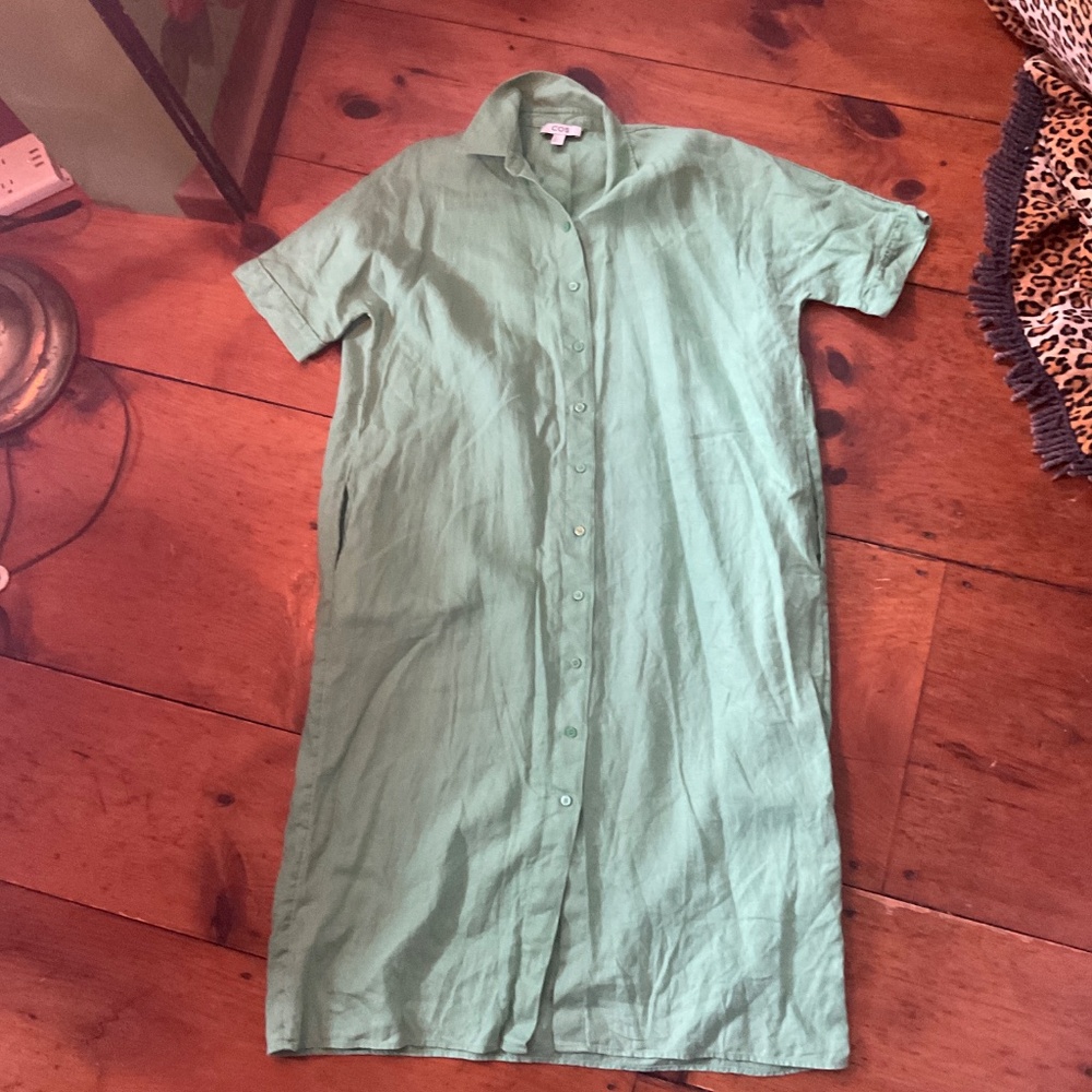 COS Oversized Button Down 100% Linen Shirt Dress Maxi Size XS - Picture 6 of 9